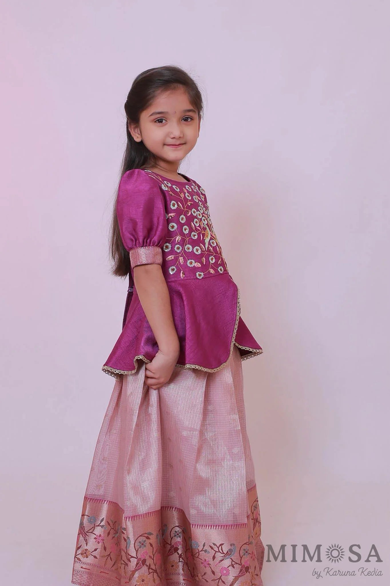 Zari Kota tissue Lehnga with Bambar silk peplum top with handwork and lined with cotton silk