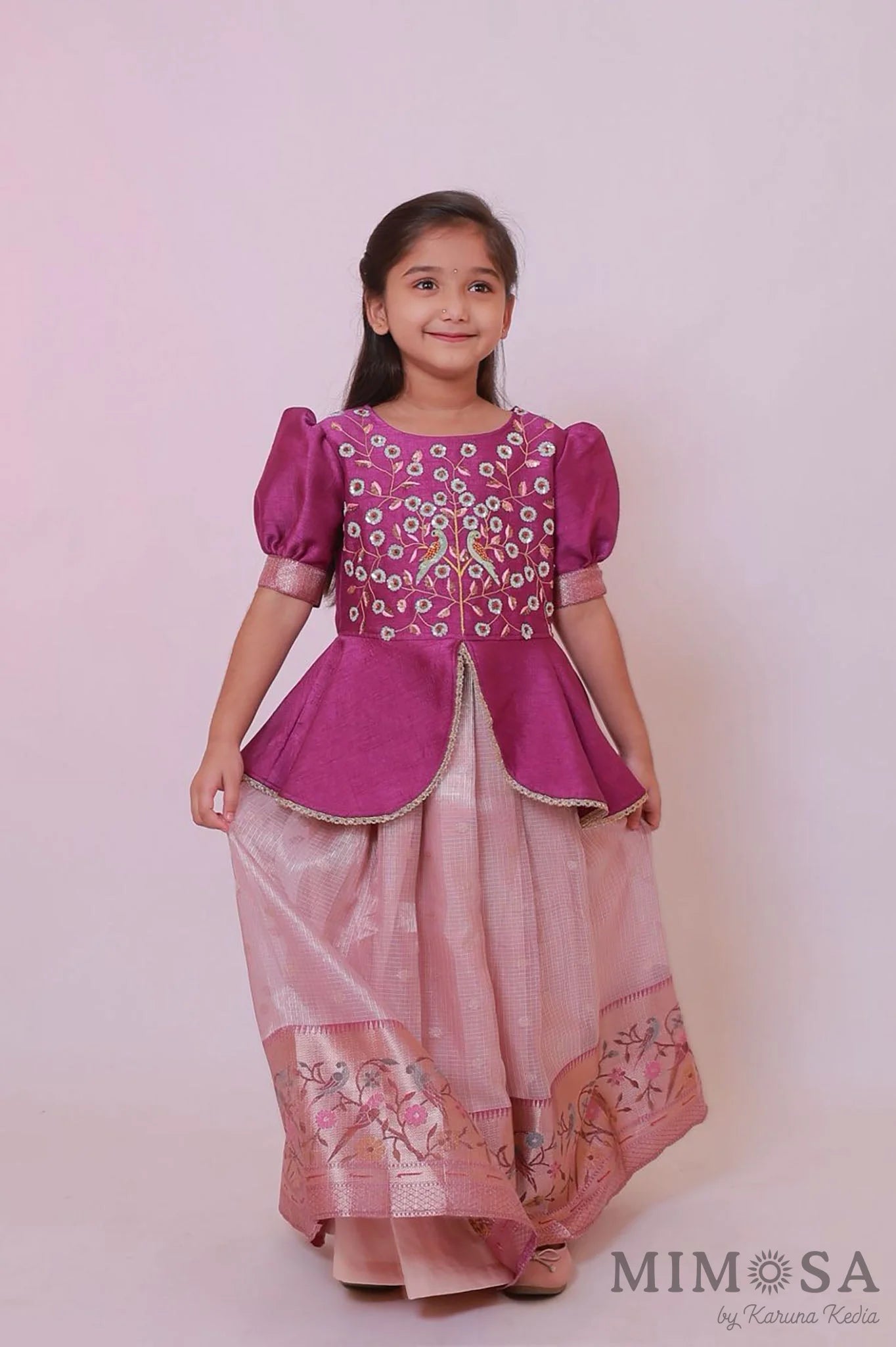 Zari Kota tissue Lehnga with Bambar silk peplum top with handwork and lined with cotton silk