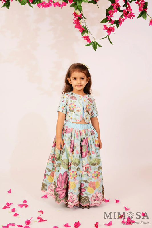 3 piece set with sequinned shrug and scalloped lehenga