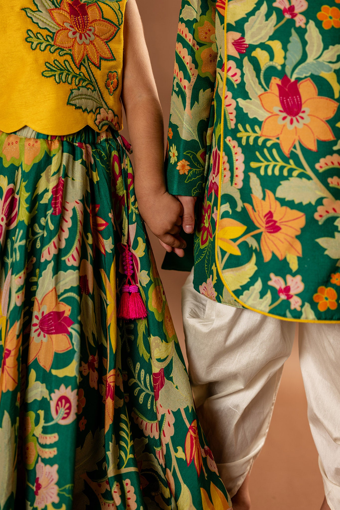 Green floral printed skirt with scalloped embroidered top