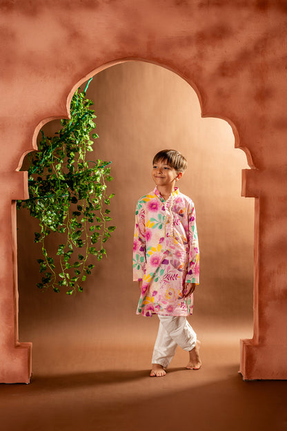 Pink blossom kurta with tasseled lace detailing