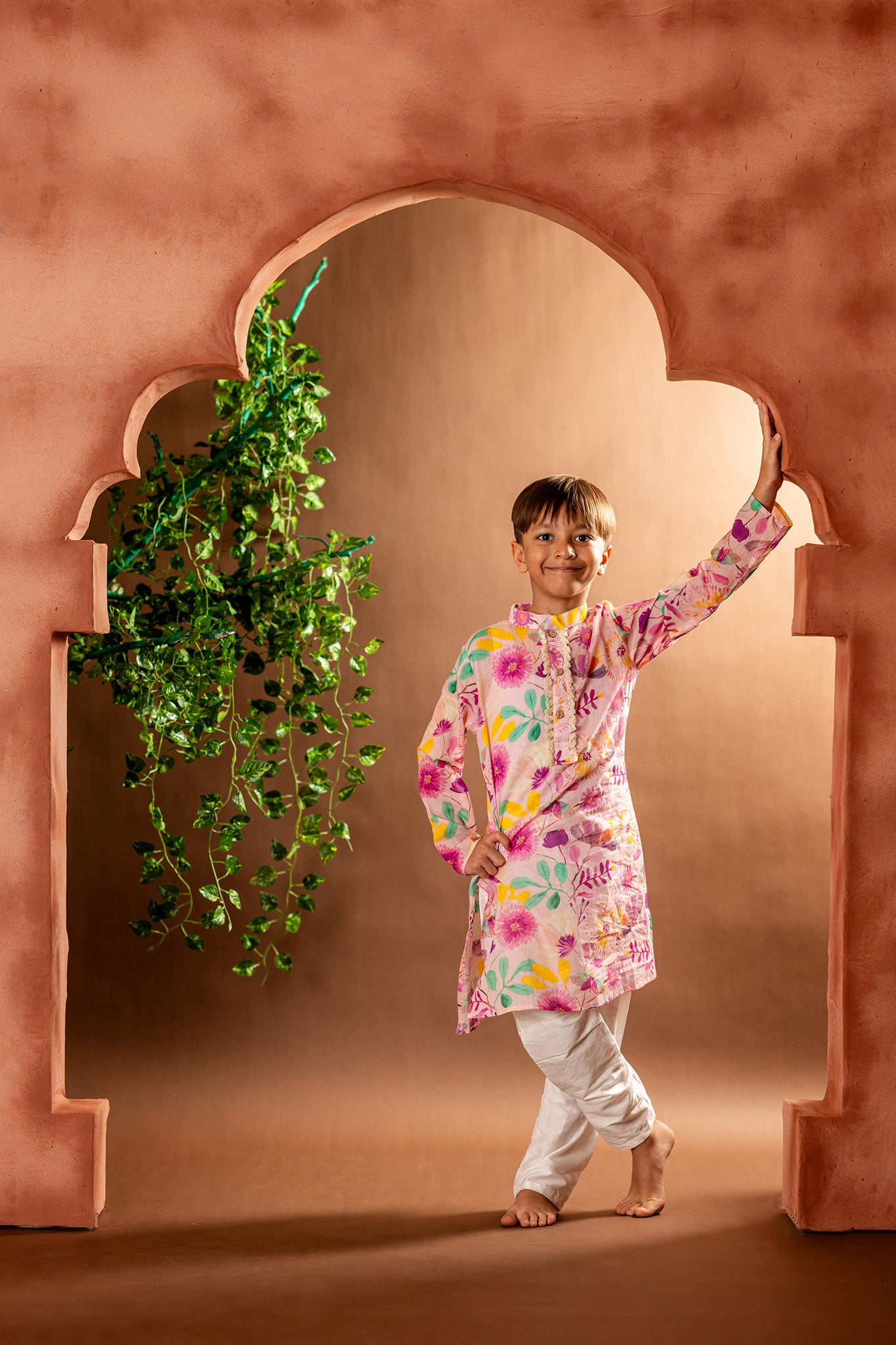 Pink blossom kurta with tasseled lace detailing