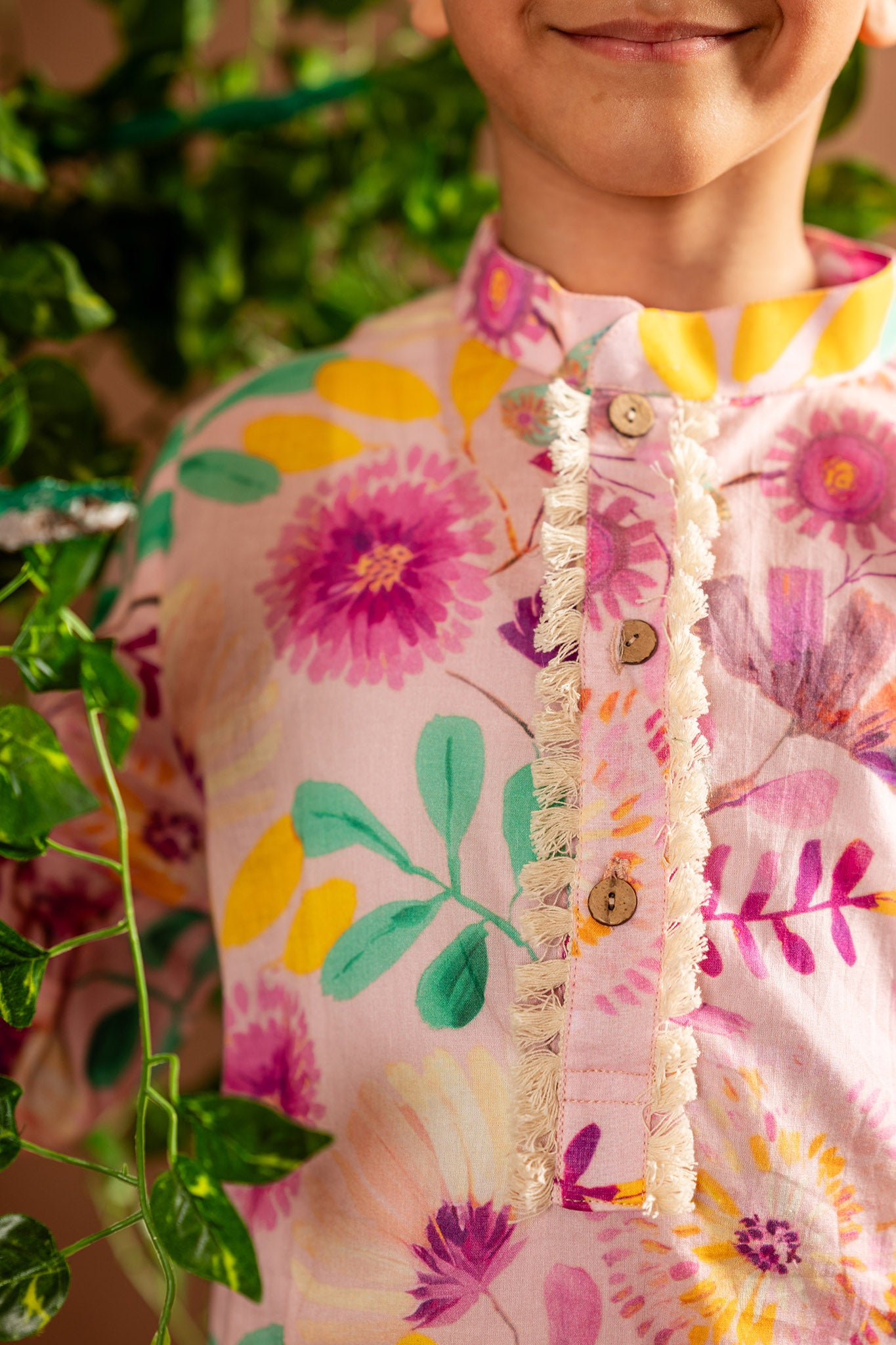 Pink blossom kurta with tasseled lace detailing