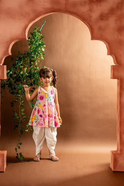 Pink blossom frockstyle kurta with dhoti pants