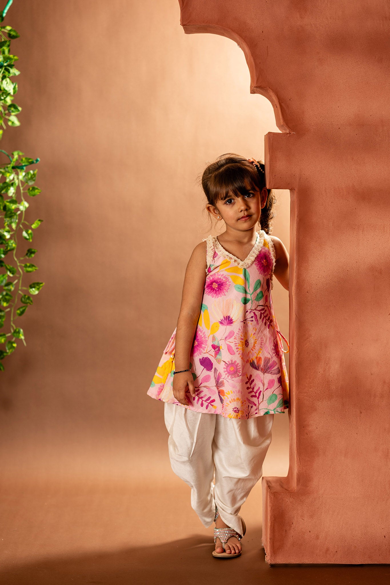 Pink blossom frockstyle kurta with dhoti pants