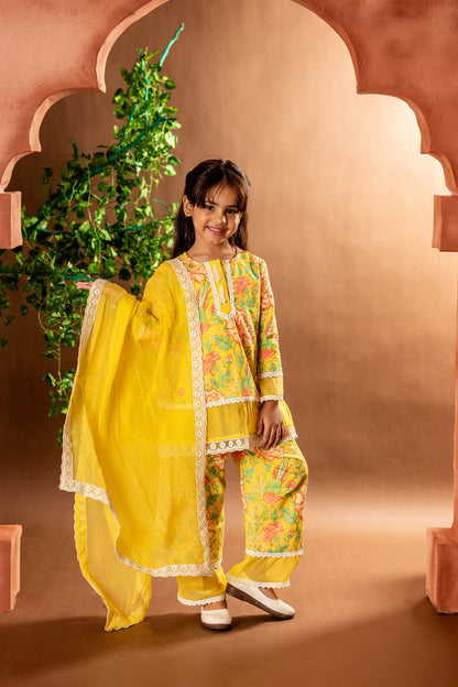 Floral suit set with organza dupatta