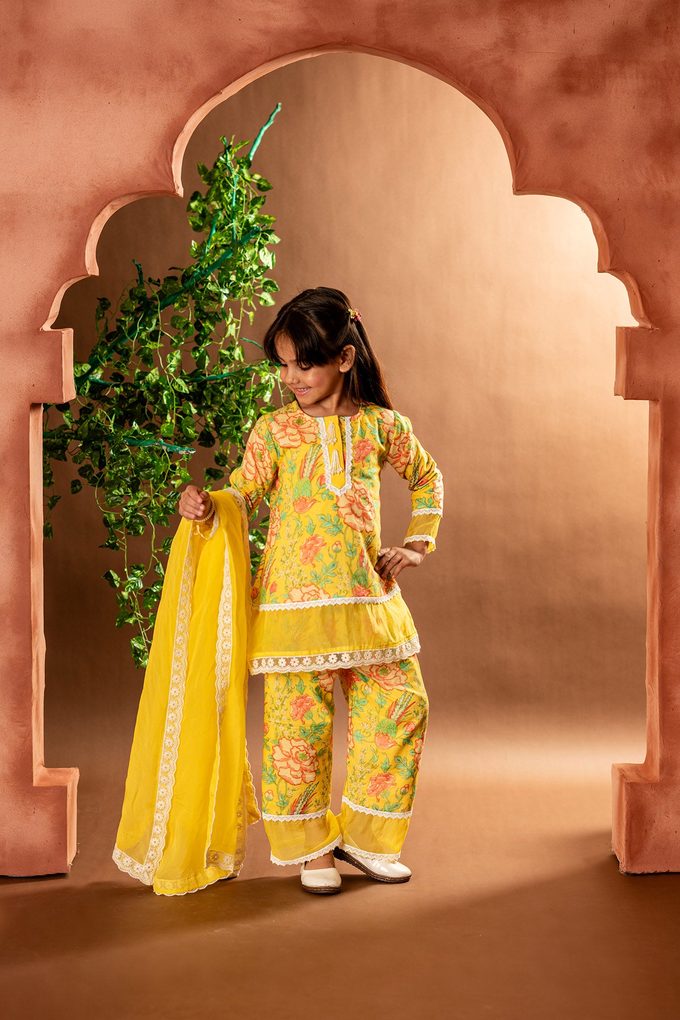 Floral suit set with organza dupatta