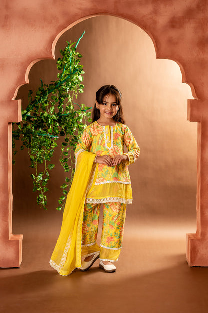 Floral suit set with organza dupatta