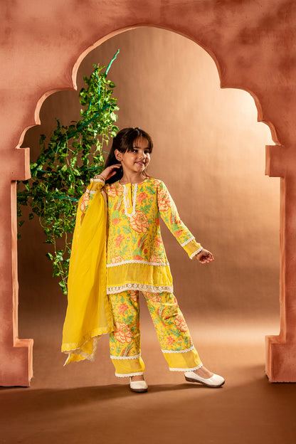 Floral suit set with organza dupatta