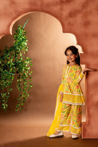 Floral suit set with organza dupatta