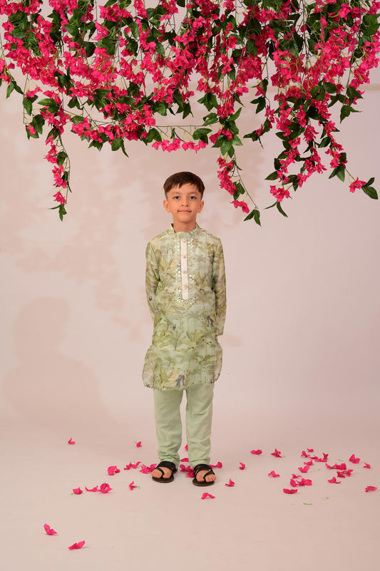 Light elephant print kurta with mirror work on yoke