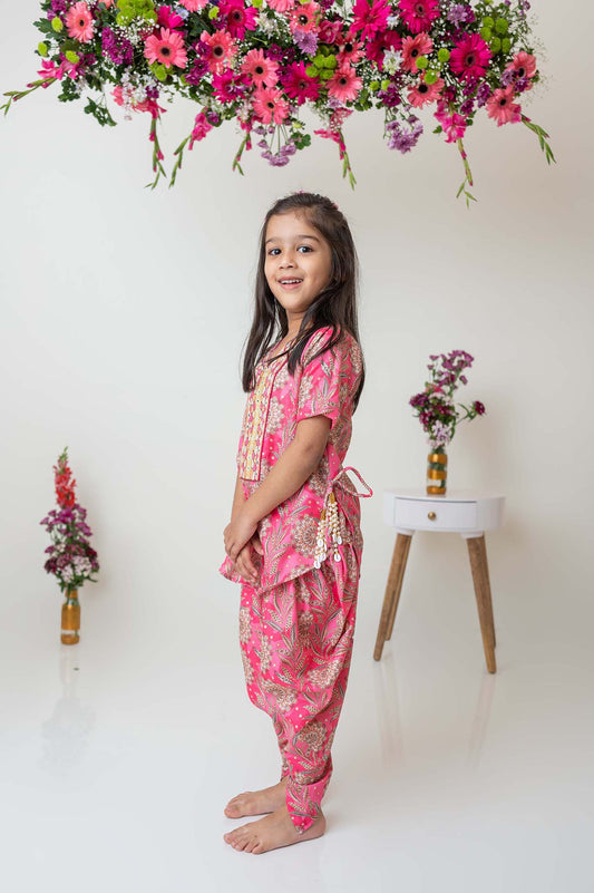 Paisley print kurti with embroidered yoke and dhoti pants