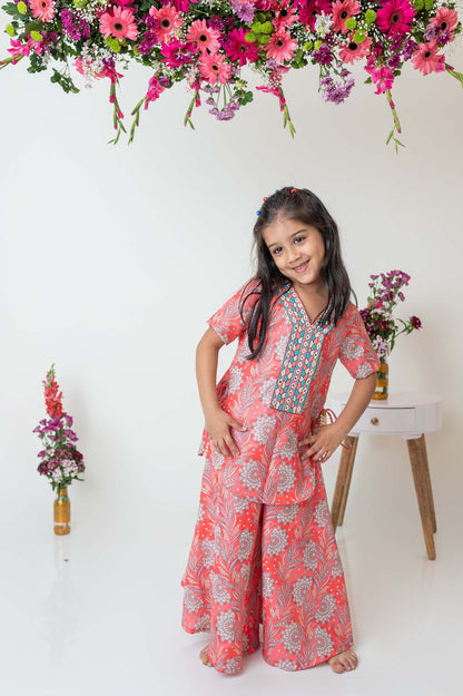 Paisley print kurti with embroidered yoke and flared palazzo