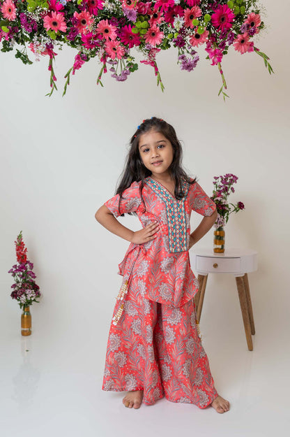 Paisley print kurti with embroidered yoke and flared palazzo