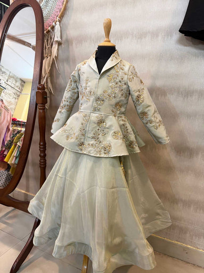 Peplum tissue jacket with hand work  and tissue full circle skirt with gota work tassels