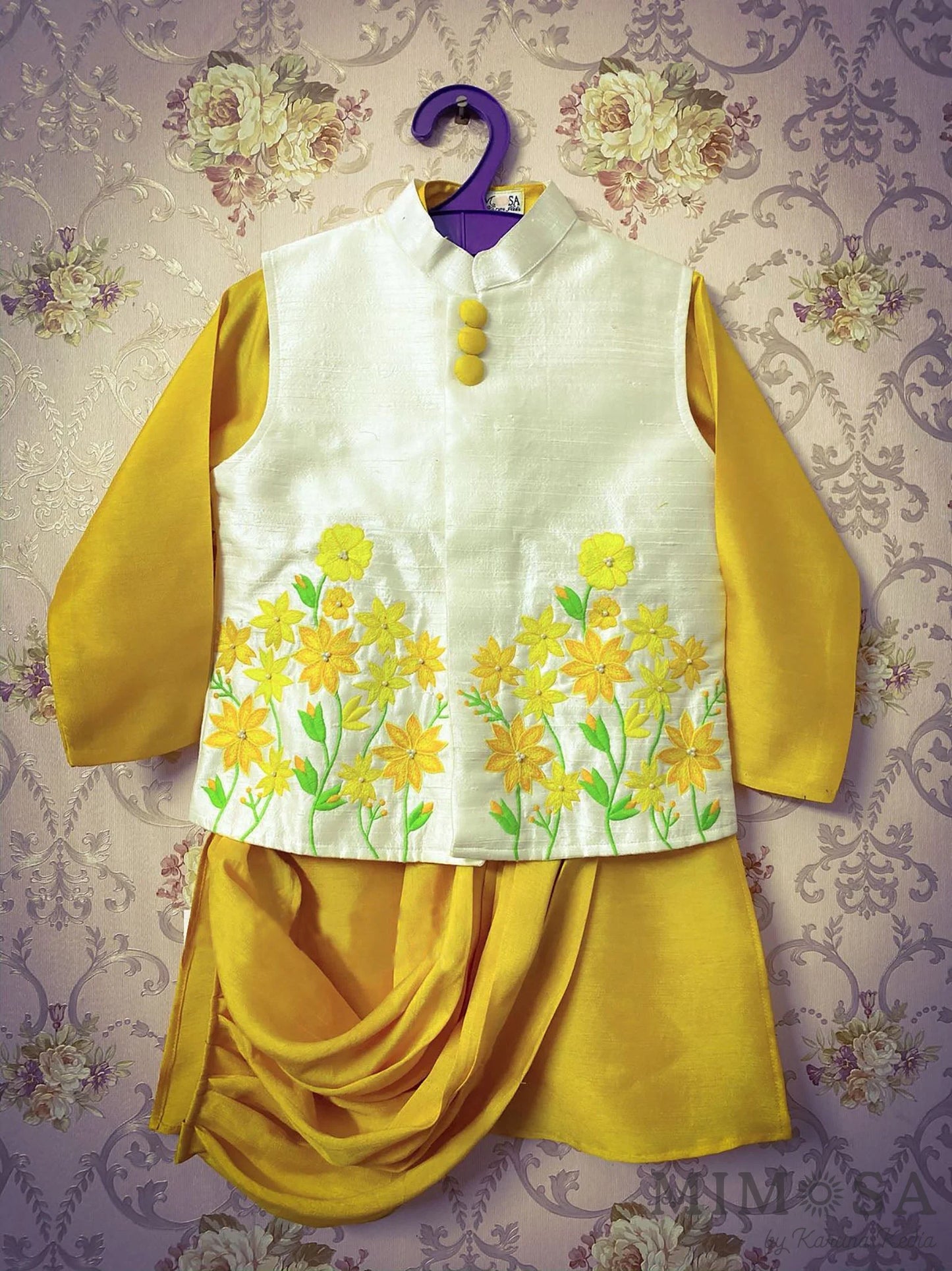 A drape Kurta in Bamber Silk with embroidered jacket and cotton silk bottom