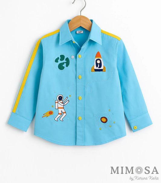 Astronaut theme embroidery shirt in mercerised poplin