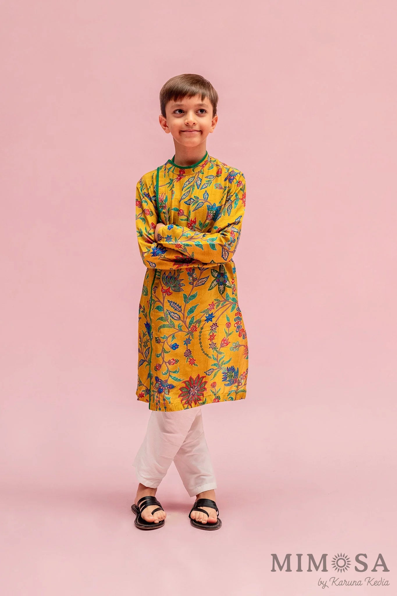 Asymmetrical side cut boys kurta in Bambar silk with cotton silk bottoms