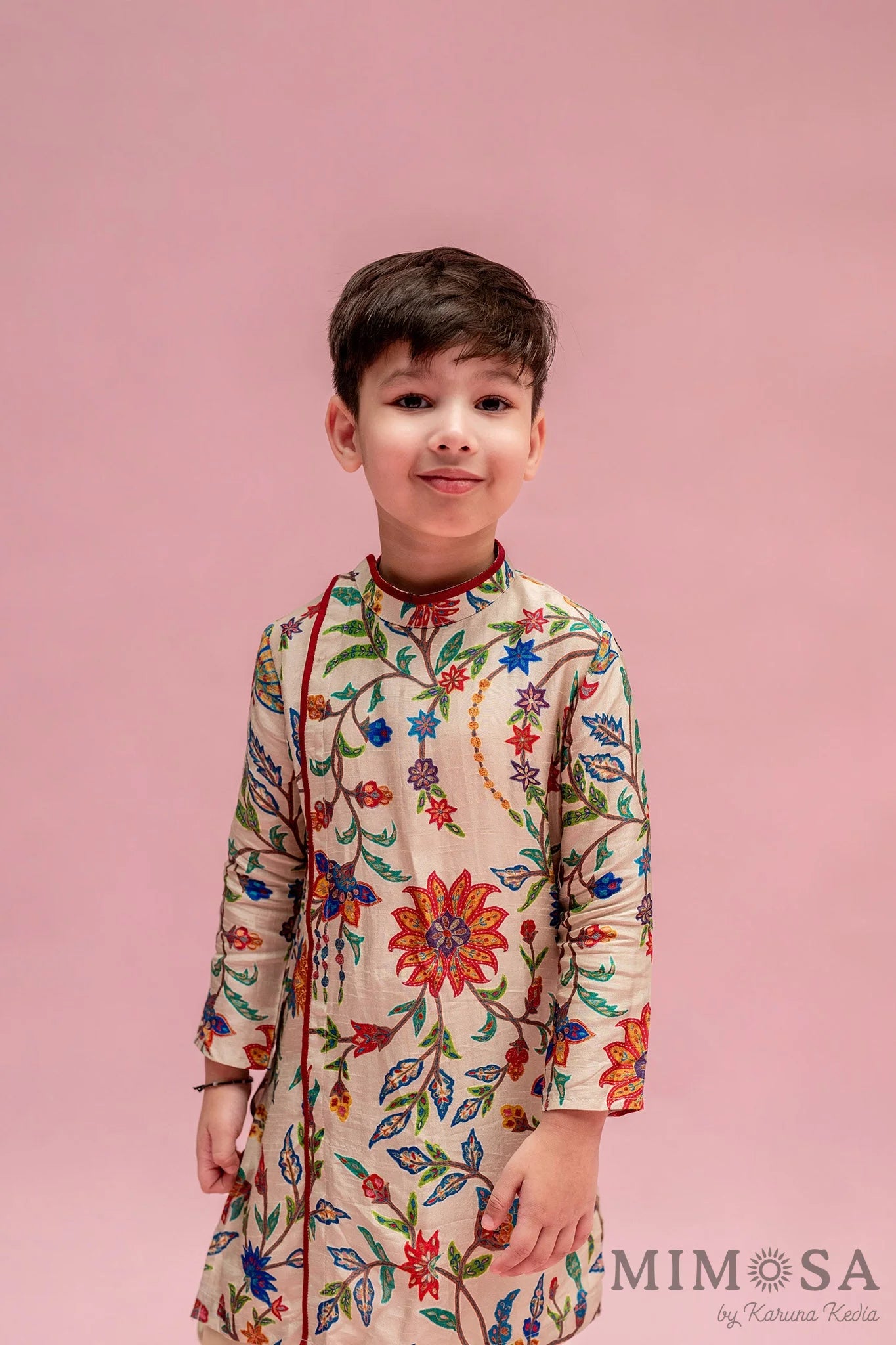 Asymmetrical side cut boys kurta in Bambar silk with cotton silk bottoms