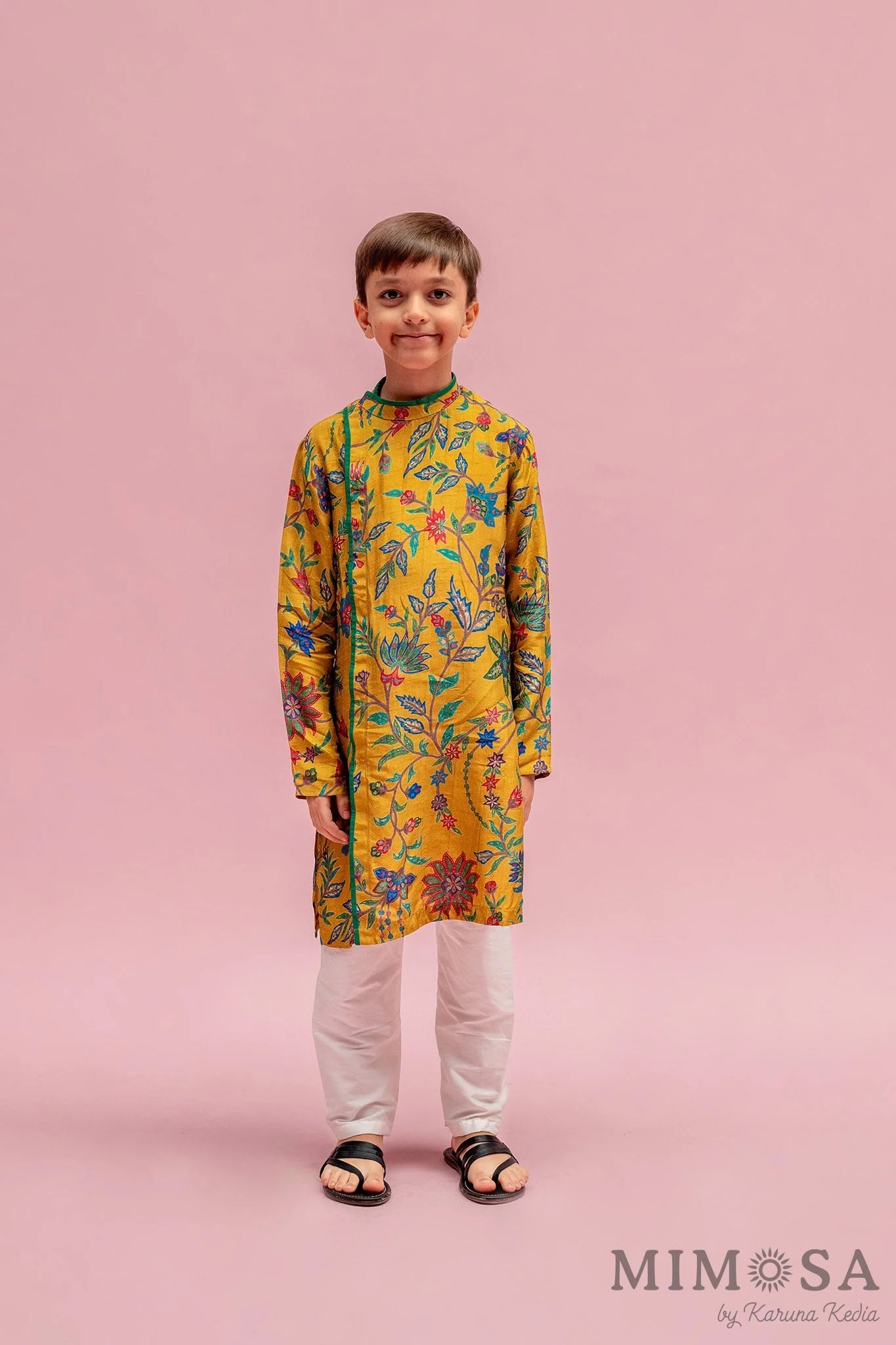 Asymmetrical side cut boys kurta in Bambar silk with cotton silk bottoms