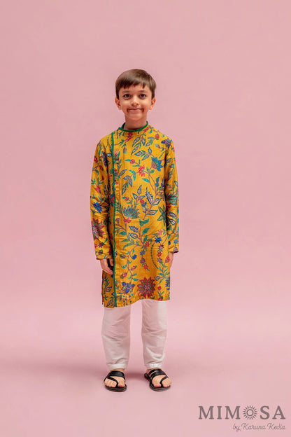 Asymmetrical side cut boys kurta in Bambar silk with cotton silk bottoms