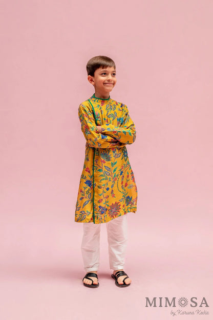 Asymmetrical side cut boys kurta in Bambar silk with cotton silk bottoms