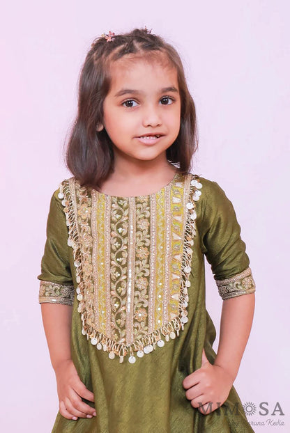 Bambar silk kurti with patched work yolk with tassels hanging and tulip plant