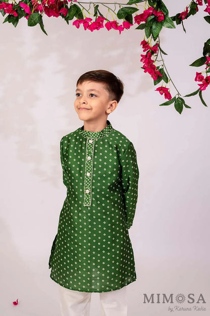 Bandhani print Kurta is Chanderi with gota and cotton silk bottom