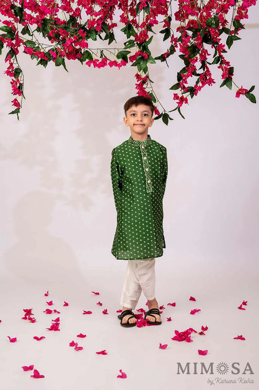 Bandhani print Kurta is Chanderi with gota and cotton silk bottom