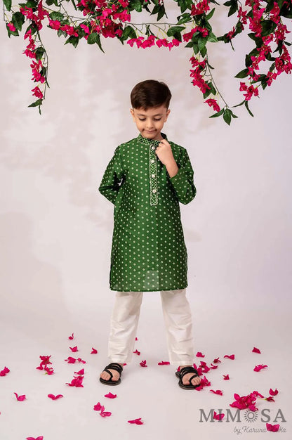 Bandhani print Kurta is Chanderi with gota and cotton silk bottom