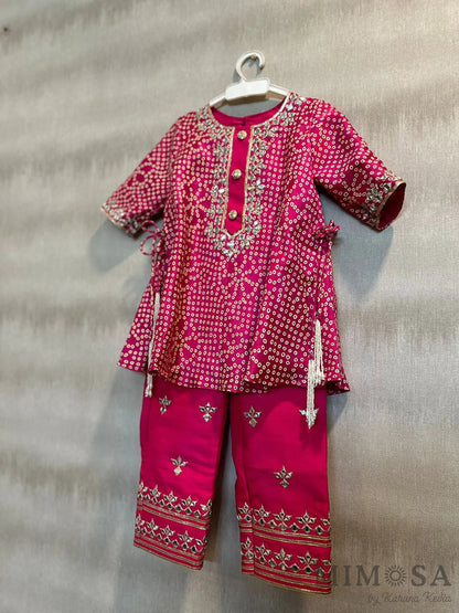 Bandini print kurti in Chanderi with Mirror Work and gota work pants