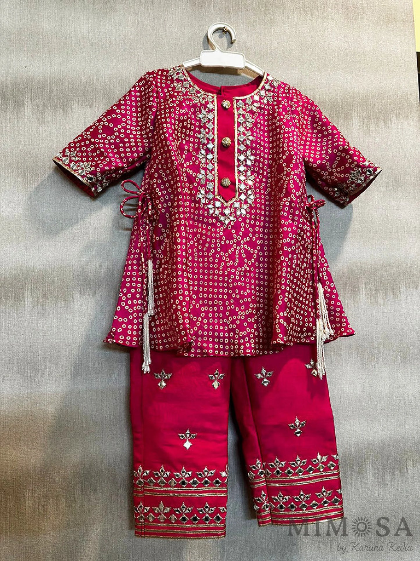 Bandini print kurti in Chanderi with Mirror Work and gota work pants