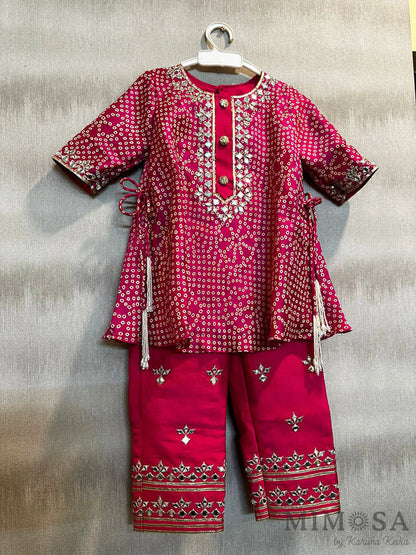 Bandini print kurti in Chanderi with Mirror Work and gota work pants