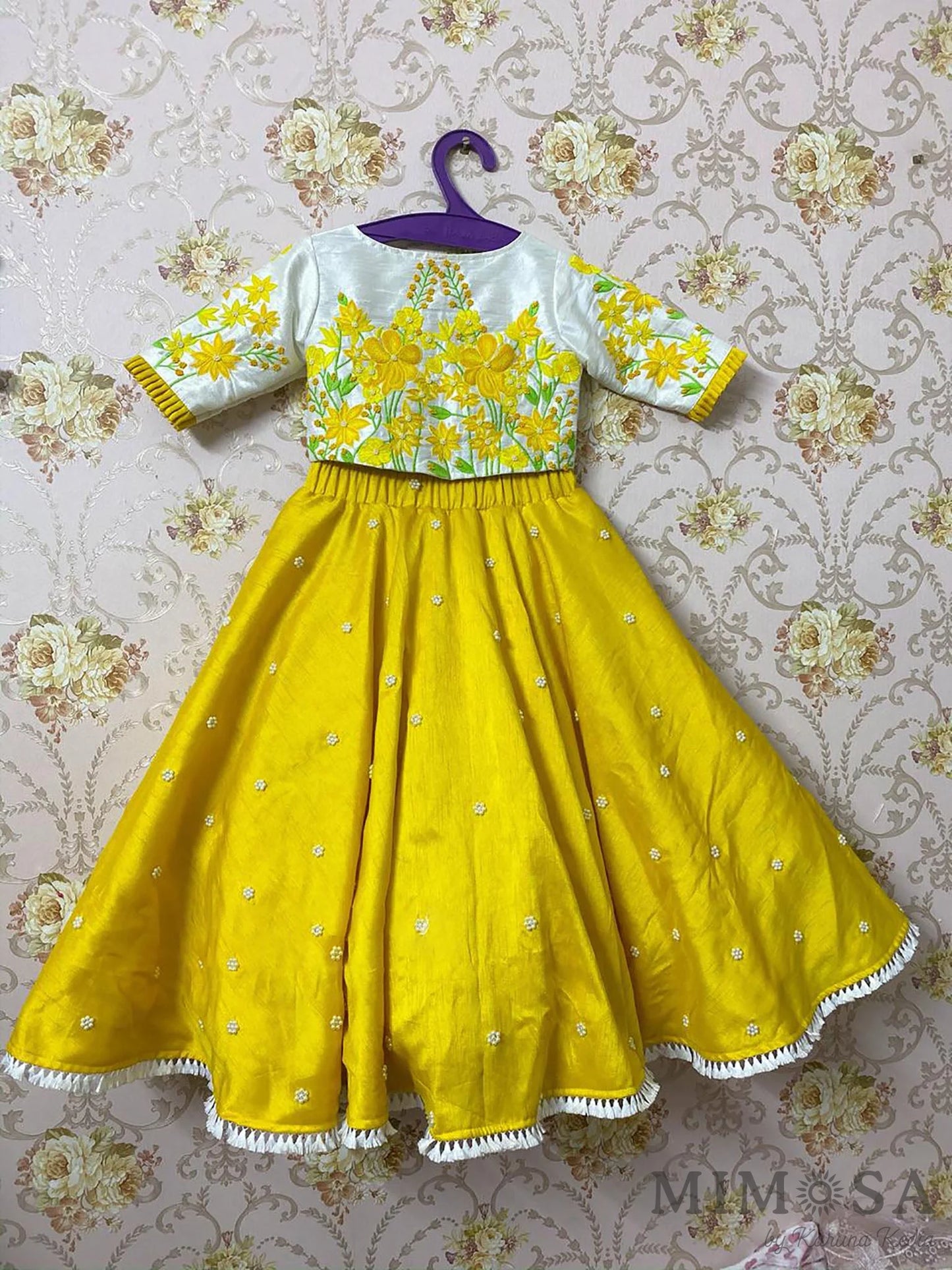 Beautiful, full flare skirt with beadwork and lace comes with her floral embroidered top