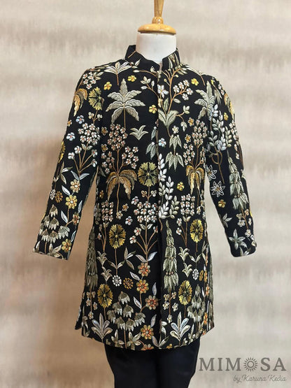 Black indowestern set for boys with pants will full thread work