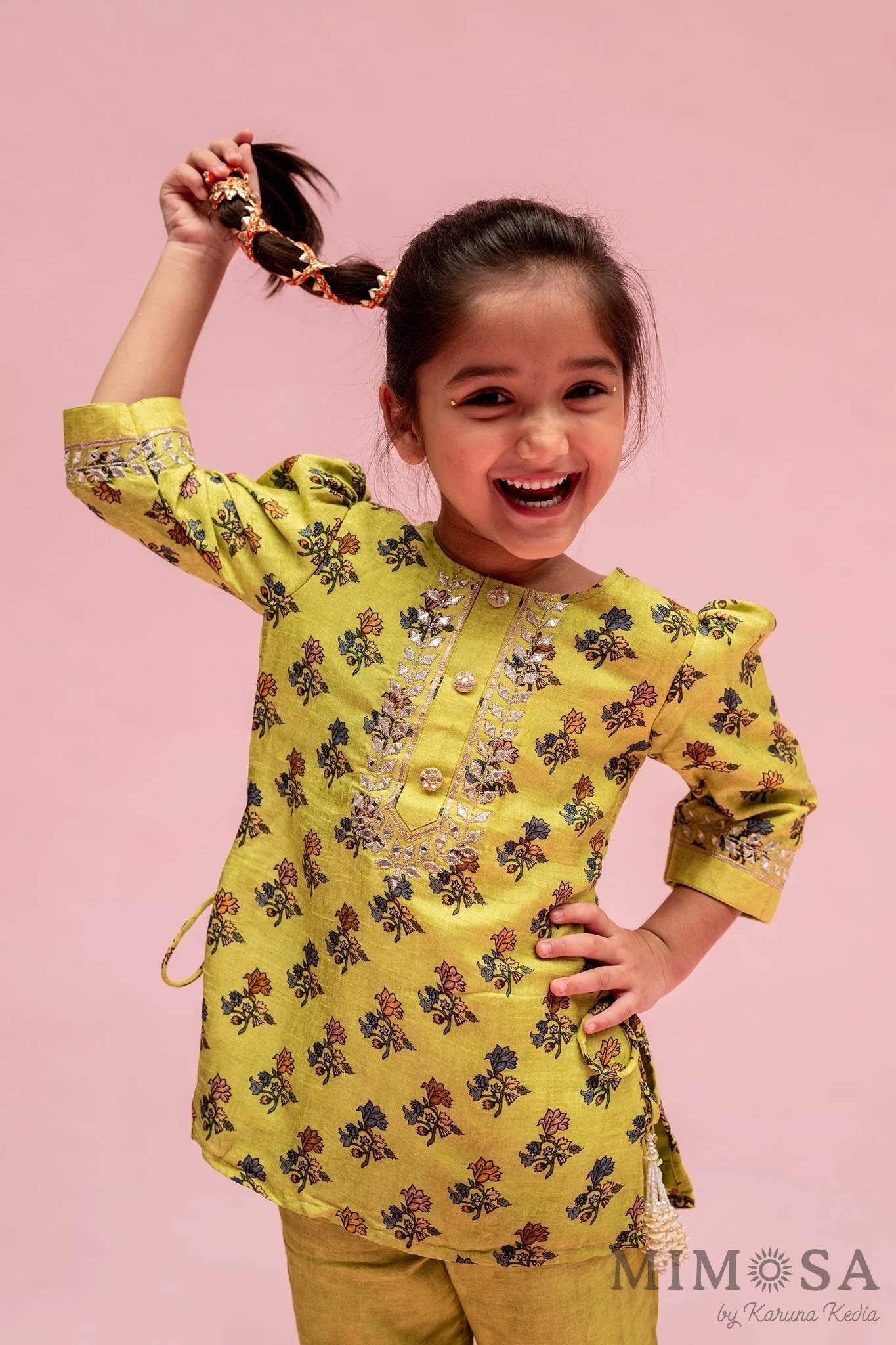 Block print Kurti with Mirror Work around the neck paired with Mirror Work pants