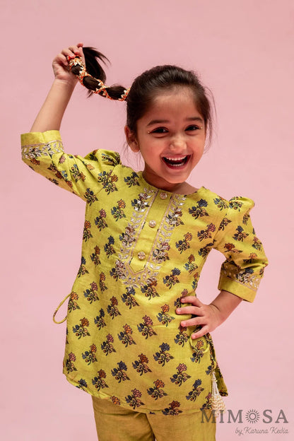 Block print Kurti with Mirror Work around the neck paired with Mirror Work pants