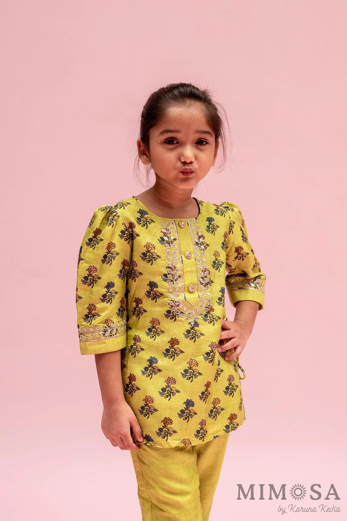 Block print Kurti with Mirror Work around the neck paired with Mirror Work pants