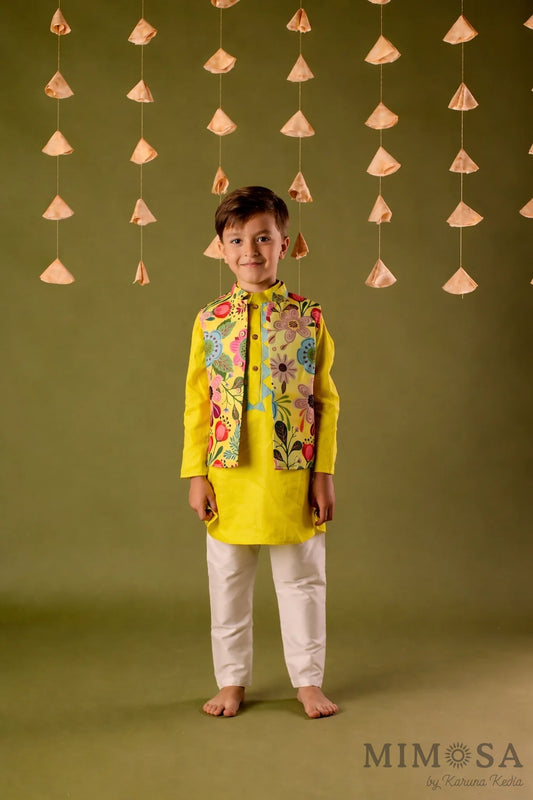 Boys - floral jacket  plain cotton silk Kurta with cotton silk bottoms with patchwork around the neck