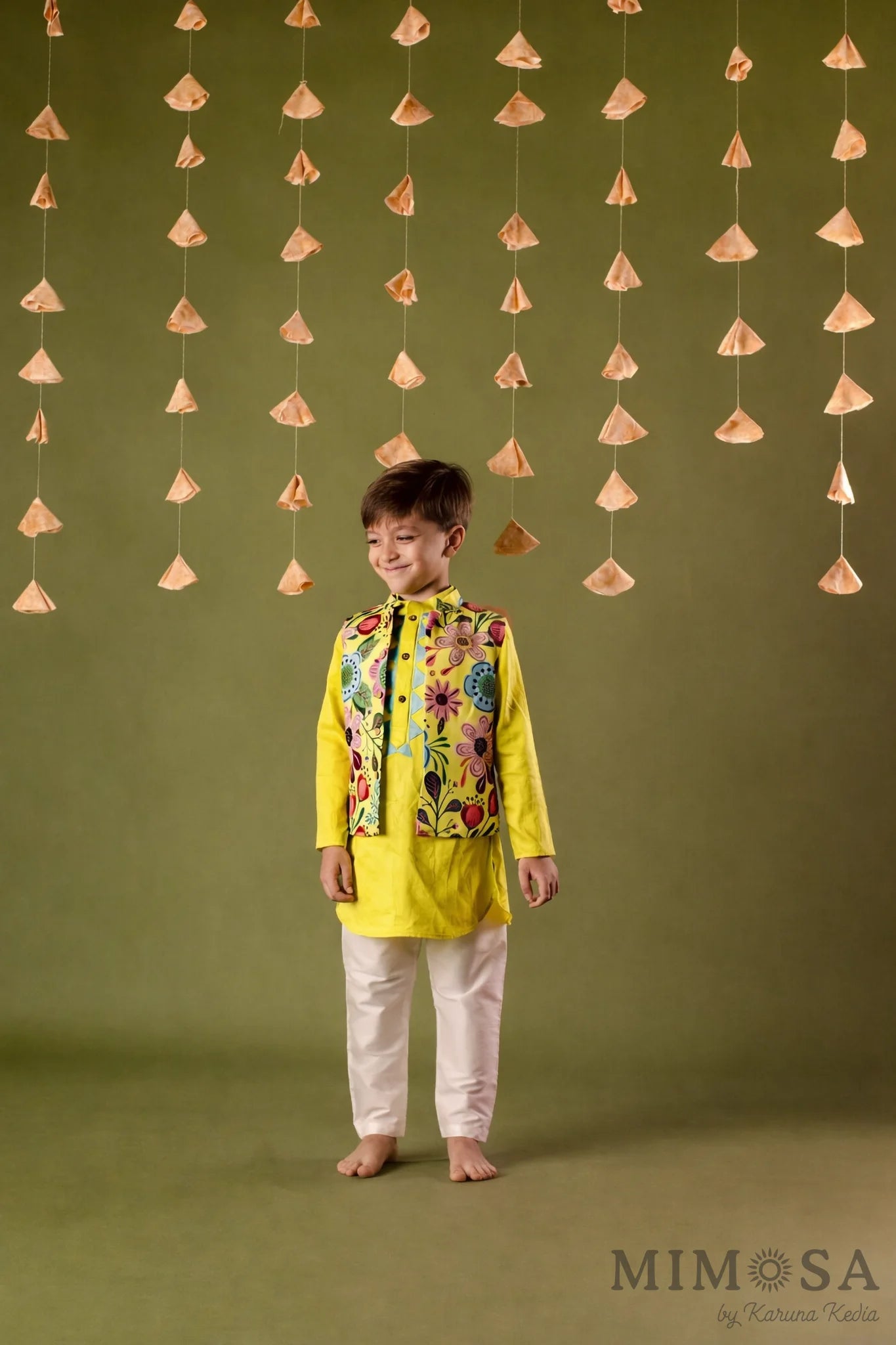 Boys - floral jacket  plain cotton silk Kurta with cotton silk bottoms with patchwork around the neck