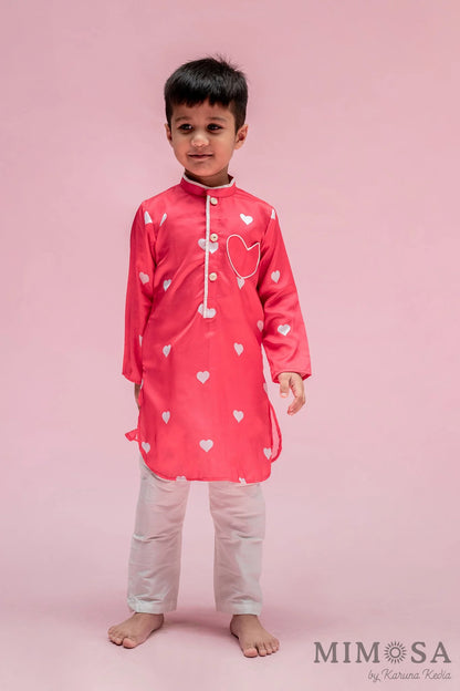 Boys, hot pink heart print Kurta set