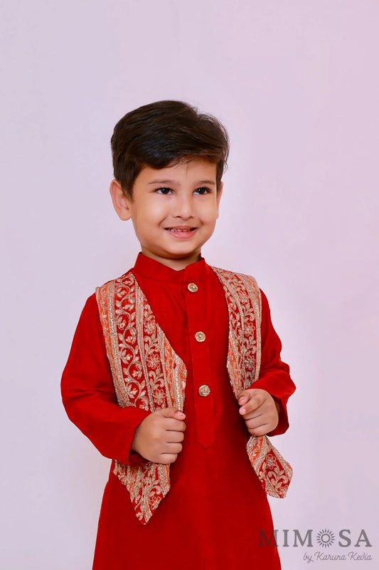 Boys kurta in Bambar silk with attached waistcoat