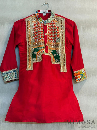 Boys kurta set with printed and embroidered patterned yoke in Bambar silk