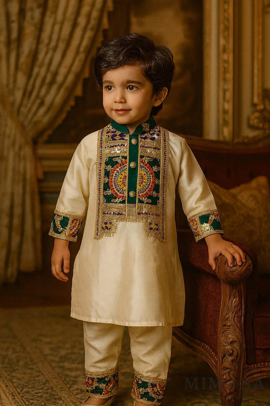 Boys kurta set with printed and embroidered patterned yoke in Bambar silk