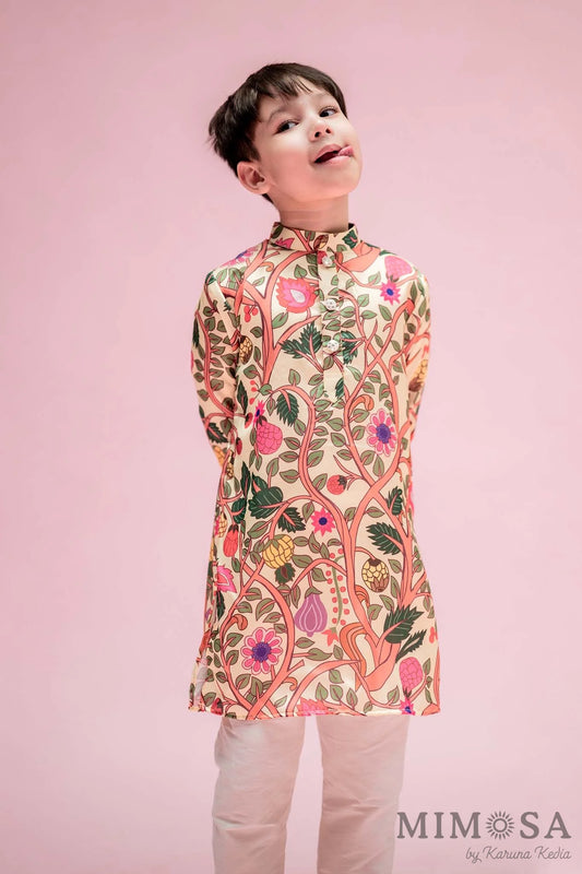 Boys - multicolor Kalamkari print on modal with a simple Chinese collar kurta  and bottom