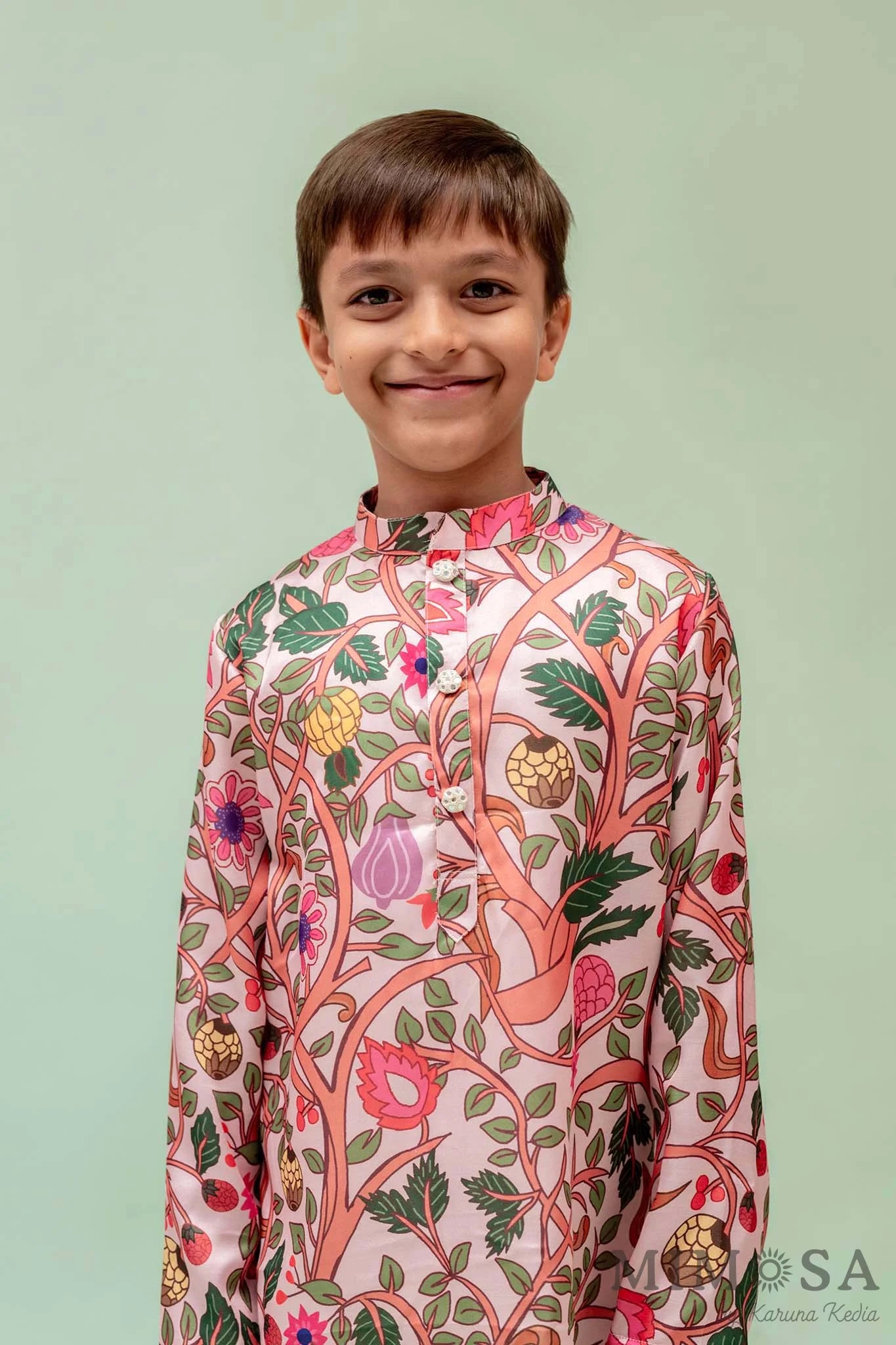 Boys - multicolor Kalamkari print on modal with a simple Chinese collar kurta  and bottom