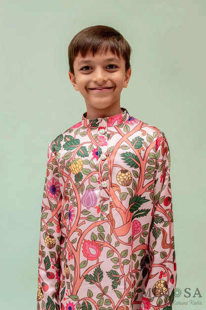 Boys - multicolor Kalamkari print on modal with a simple Chinese collar kurta  and bottom