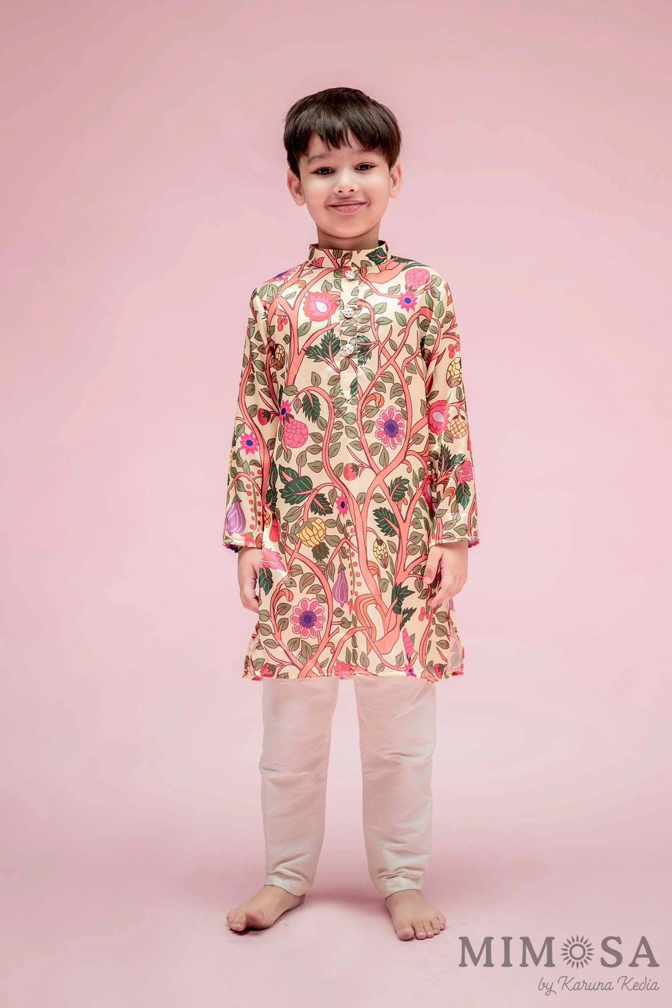 Boys - multicolor Kalamkari print on modal with a simple Chinese collar kurta  and bottom