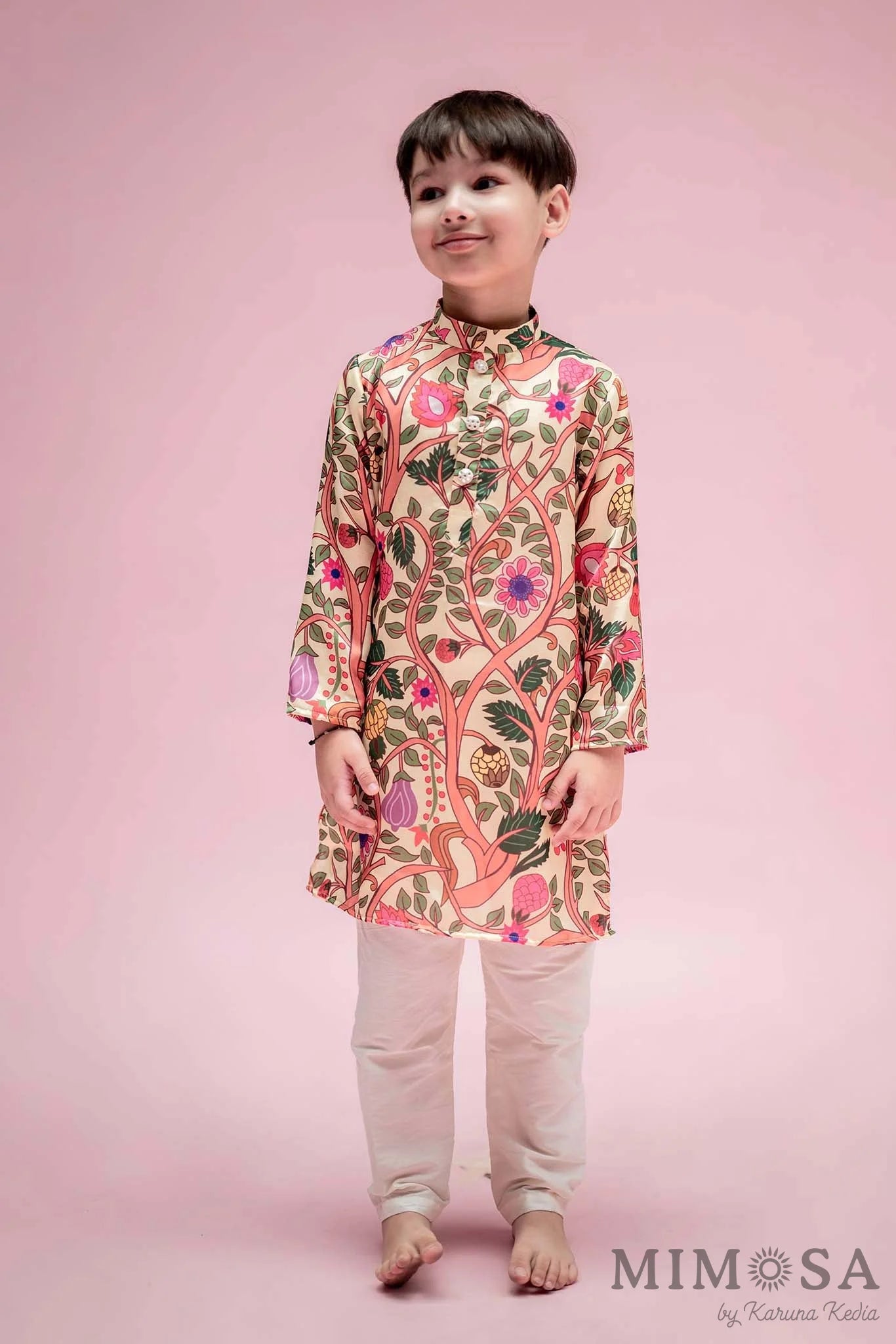Boys - multicolor Kalamkari print on modal with a simple Chinese collar kurta  and bottom