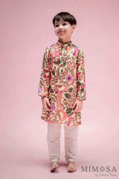 Boys - multicolor Kalamkari print on modal with a simple Chinese collar kurta  and bottom